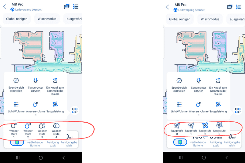 Wasserabgabe und Saugkraft wird in der Proscenic App ausgewählt
